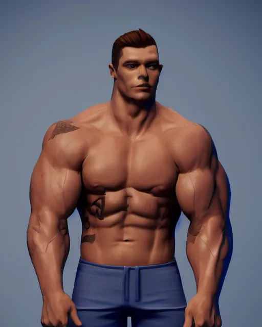 Image similar to navy blue color lizard man, muscle and bara, wearing fitness sporty tanktop, fantasy character design, octane render, 8 k