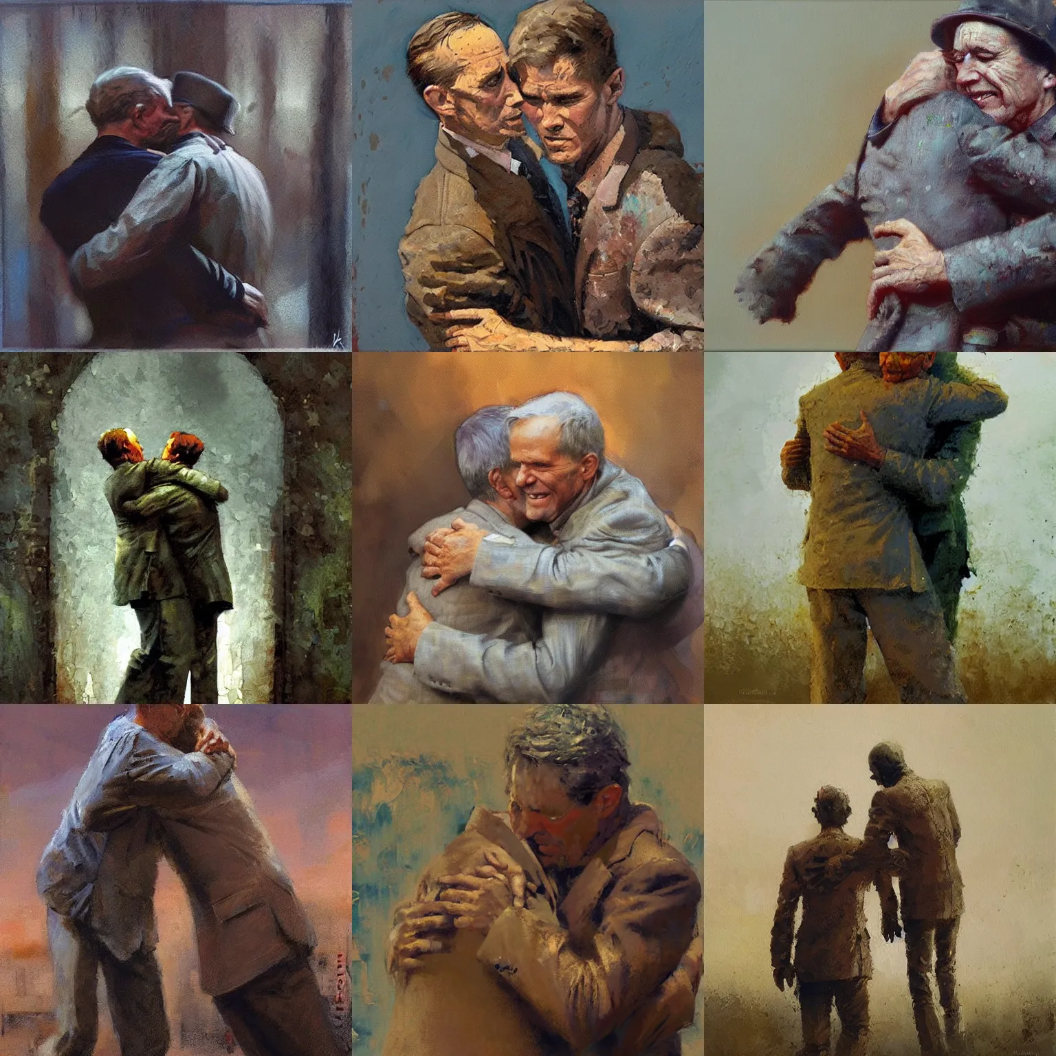 Prompt: oil painting by craig mullins, by mattias adolfsson, by karel thole, two men hugging, detailed, intricate,