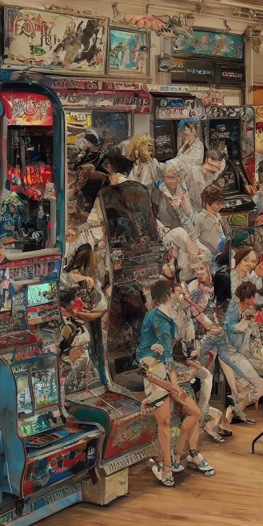 Image similar to oil painting scene from amusement arcade by kim jung gi