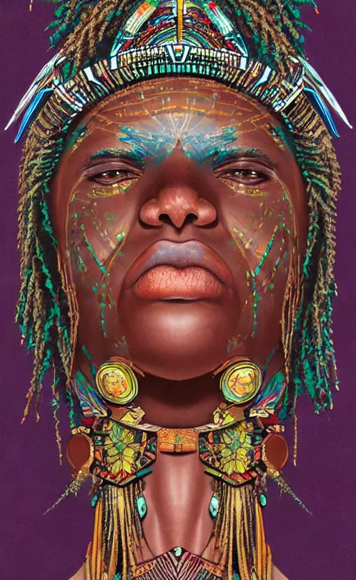 Image similar to upper half portrait of retro futuristic african tribal chief - embellished with vegetation and iridescent crystals, art by katsuhiro otomo, highly detailed, digital painting, concept art, illustration, smooth sharp focus, intricate, symmetry, artstation, colourful,