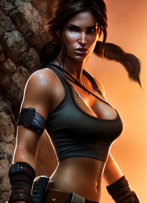 Prompt: a gorgeous lara croft photo, professionally retouched, soft lighting, realistic, smooth face, full body shot, torso, dress, perfect eyes, wide angle, sharp focus on eyes, 8 k high definition, insanely detailed, intricate, elegant, art by artgerm and jason chan and mark litvokin