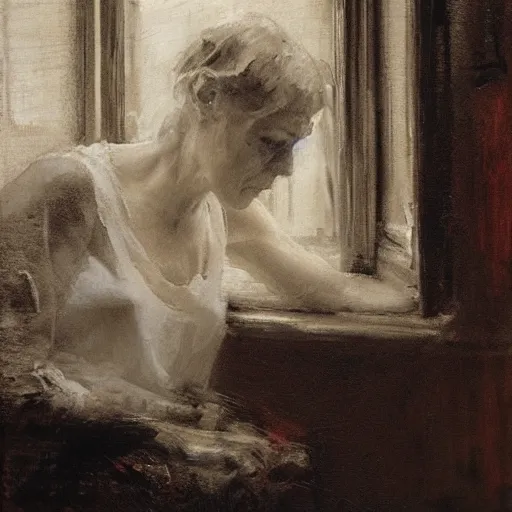 Image similar to weathered hands resting on a window sill, soft light, by jeremy mann, anders zorn.