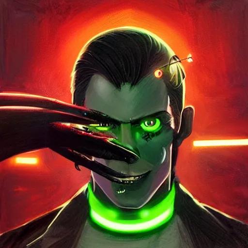 Prompt: portrait of a confident skinny dark haired man with a scar on his face and one eye is mechanical wearing a red suit as an evil entity, high detail, concept art, neon color, vivid color, floating particles, glowing green eyes, background by john harris + roger dean, artwork by charlie bowater + goro fujita + artgerm