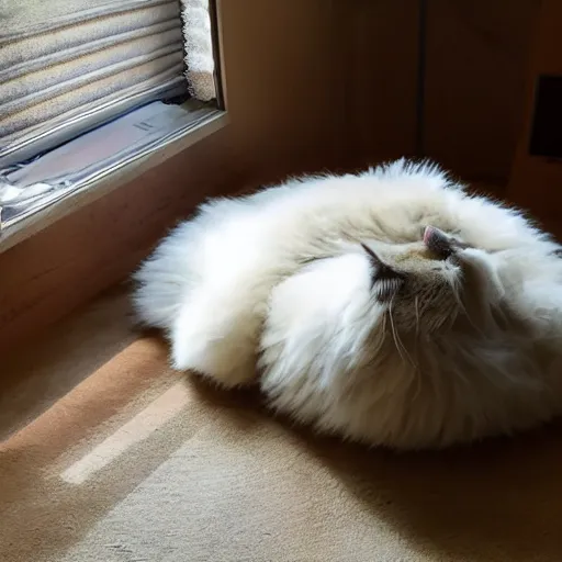 Prompt: An enormous fluffy cat laying on a bed that is barely big enough for it, stretching in the sunshine, soft color palette, sun rays, window blinds half shut