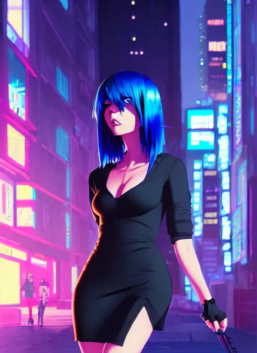 Image similar to hyper realistic photograph portrait of cyberpunk pretty girl with blue hair, wearing a tight black dress, in city street at night, by makoto shinkai, ilya kuvshinov, lois van baarle, rossdraws, basquiat