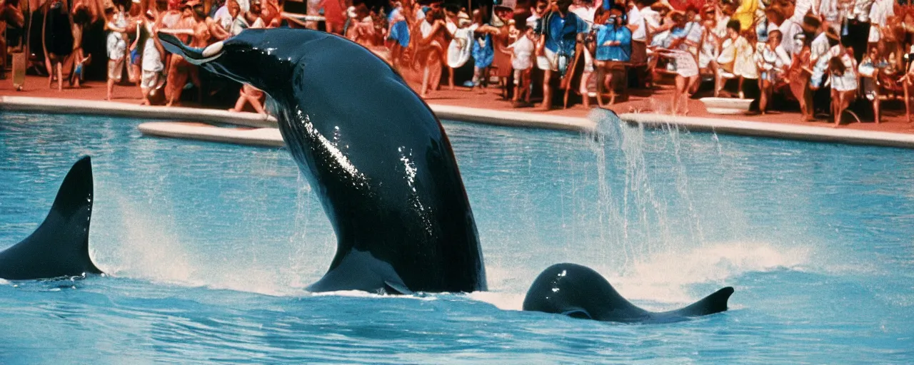 Prompt: shamu whale at sea world playing with spaghetti, water splashing,, small details, intricate, sharply focused, canon 5 0 mm, wes anderson film, kodachrome