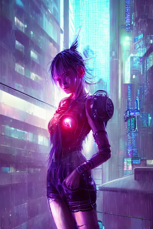 Image similar to portrait futuristic obnoxious cyberpunk young female Berserker, in futuristic heavily raindrop tokyo rooftop cyberpunk night, ssci-fi, fantasy, intricate, very very beautiful, elegant, neon light, highly detailed, digital painting, concept art, human anatomy, soft light, hdri, smooth, sharp focus, illustration, art by tian zi and craig mullins and WLOP and alphonse mucha