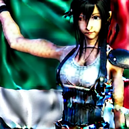 Image similar to Tifa Lockhart from Final Fantasy VII Remake (2020) laughing with the Italian flag in the background