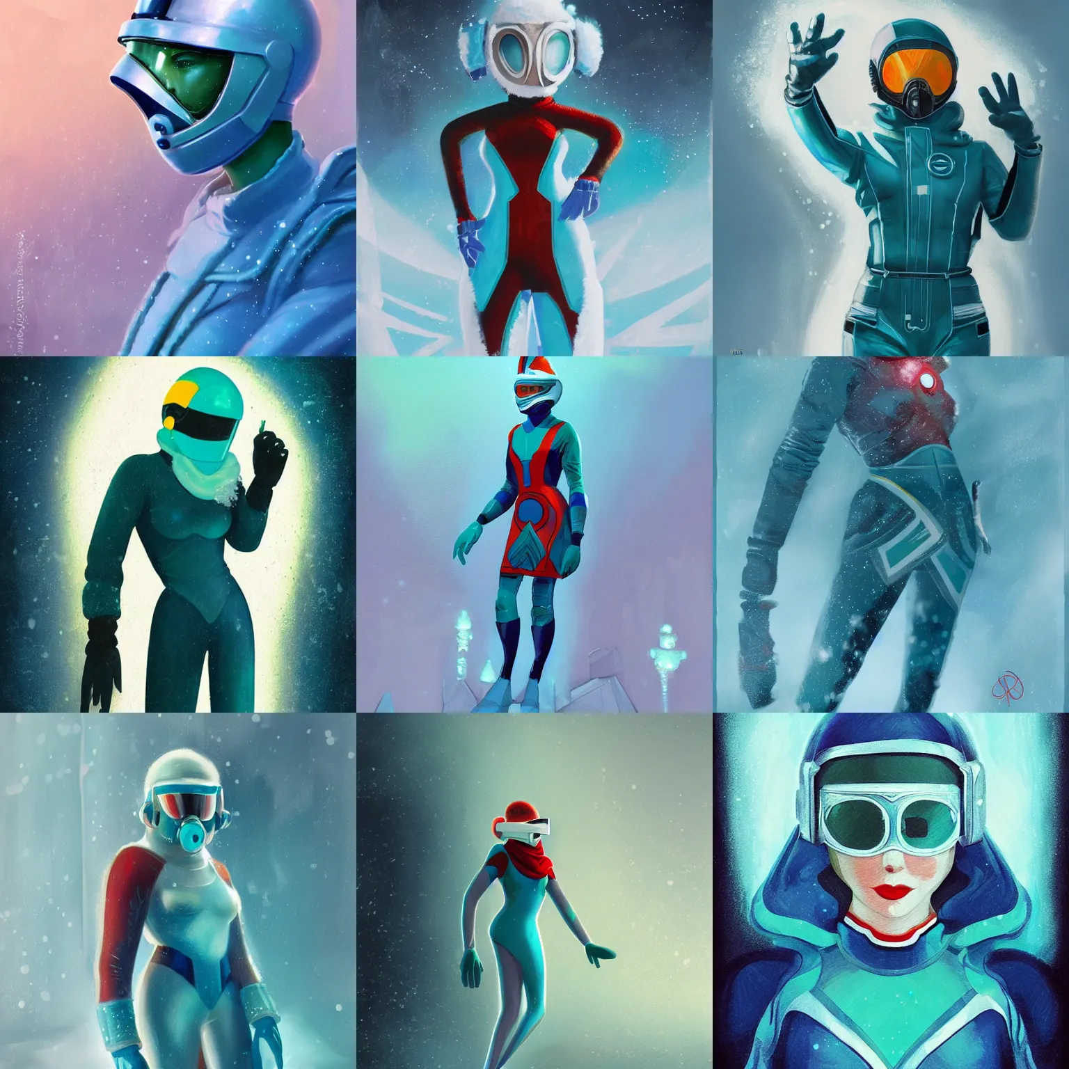 Prompt: art deco style, sci - fi pilot, full mask, oil paint concept art, full body female, alchemic, snow scene, frosty, teal palette, vibrant volumetric cinematic lighting