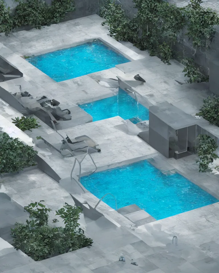 Image similar to swimming pool, liminal space, octane render