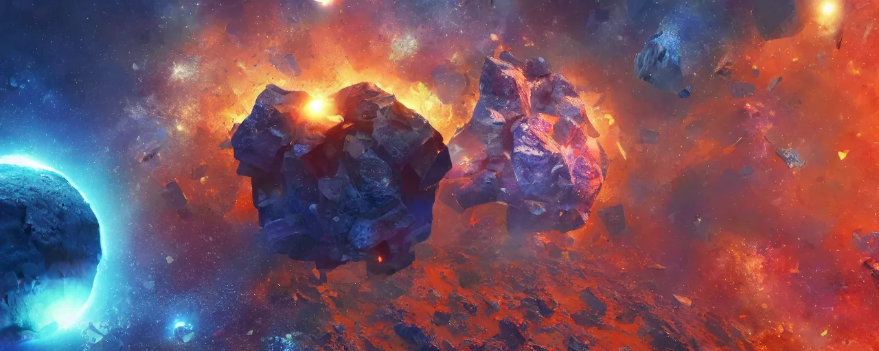 Prompt: asteroid made of shiny donald trump and crystals, [ shards, facets, by paul lehr, cinematic, detailed, epic, widescreen, opening, establishing, mattepainting, photorealistic, realistic textures, octane render ]