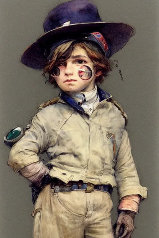 Image similar to (((((portrait of boy dressed as retro sciencepunk explorer costume . muted colors.))))) by Jean-Baptiste Monge !!!!!!!!!!!!!!!!!!!!!!!!!!!