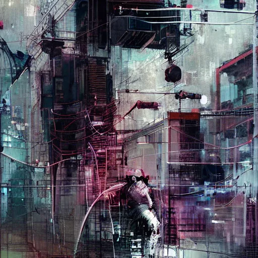 Prompt: a cyberpunk, wires, machines, in a dark future city by jeremy mann, francis bacon and agnes cecile, ink drips, paint smears, digital glitches glitchart c - 1 0