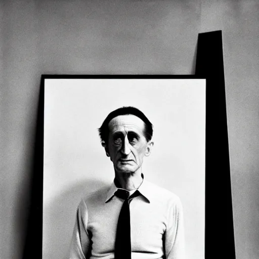 Image similar to a minimalist portrait of Marcel Duchamp in the style of Man Ray and Pieter Hugo, wide angle, monochrome and chromatic aberrations