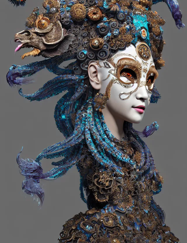 Image similar to 3 d goddess close - up profile portrait russian with ram skull. beautiful intricately detailed japanese crow kitsune mask and clasical japanese kimono. betta fish, jellyfish phoenix, bio luminescent, plasma, ice, water, wind, creature, artwork by tooth wu and wlop and beeple and greg rutkowski