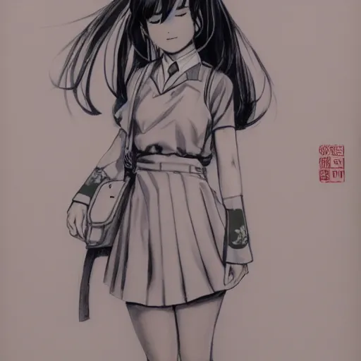 Image similar to a perfect, realistic professional digital sketch of a Japanese schoolgirl in style of Marvel, full length, by pen and watercolor, by a professional French artist on ArtStation, on high-quality paper