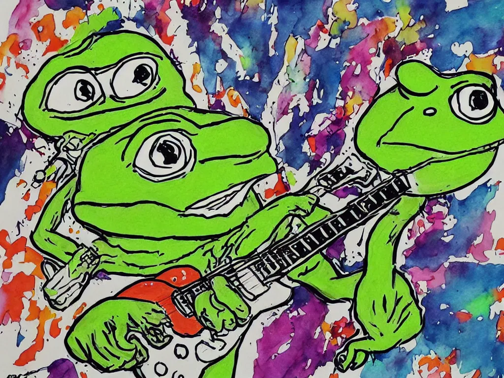 Image similar to children's illustration of pepe the frog as KISS band member in concert