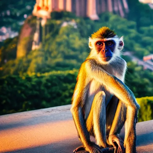 Image similar to high quality portrait of a monkey in front of Christ The Redeemer, studio photograph, photograph, realistic photo, 8k photo, 4k photo, stock photo, high resolution, cinematic shot, high detail