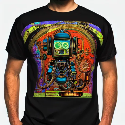 Image similar to mockup of a black tshirt with a hyperdetailed portrait of a steampunk robot by robert crumb, 8 k, symetrical, flourescent colors, happy trippy mood, multicolored,