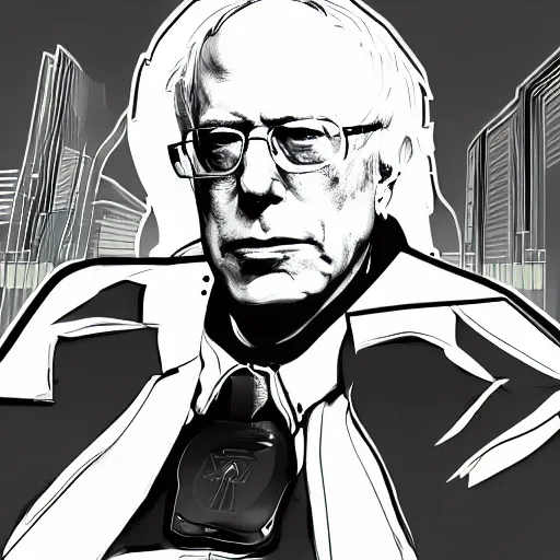 Image similar to cyberpunk bernie sanders as the leader of a futuristic communist nation, cybernetics, sharp lines, digital, artstation, colored in