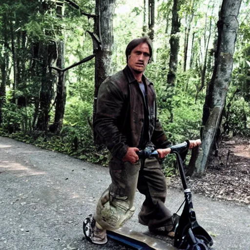 Image similar to rambo from first blood on a kick scooter