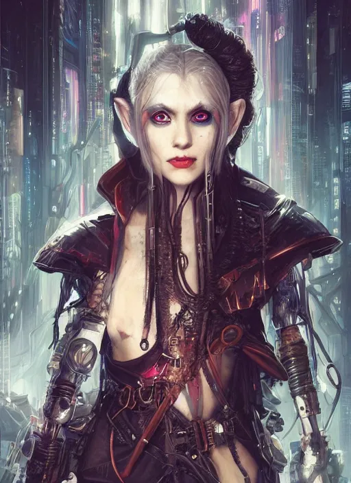 Image similar to a beautiful illustration of cyberpunk elven harley quinn, black hair, intricate, sharp focus, illustration, highly detailed, digital painting, concept art, matte, art by wlop and artgerm and greg rutkowski and alphonse mucha, masterpiece