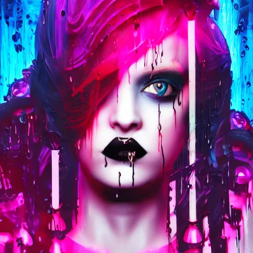 Image similar to gothic queen, splashes of neon, cartoon portrait made out of rain, trending on artstation, epic composition, beautiful, rendered in octane, unreal engine, highly detailed, realistic