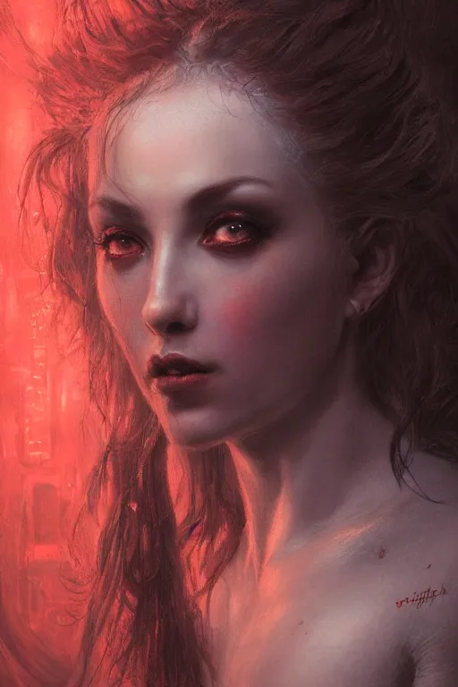 Prompt: realistic portrait of a detailed portrait of a sexy succubus, matte painting of cinematic movie scene red dragonic, horror, created by gustave dore and greg rutkowski, high detailed, smooth draw, synthwave neon retro, intricate, realistic proportions, dramatic lighting, trending on artstation.