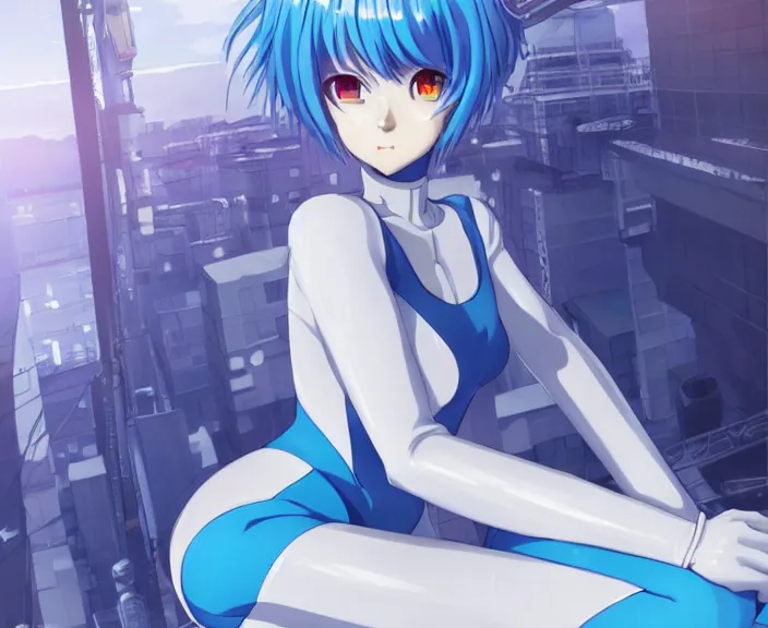 Image similar to anime art, fullbody shot of female rei ayanami, evangelion, long blue hair and large eyes, finely detailed perfect face, in a pale skintight plugsuit, sitting on rooftop, flooded city, trending on pixiv fanbox, by ilya kuvshinov, sola digital arts,, raytracing