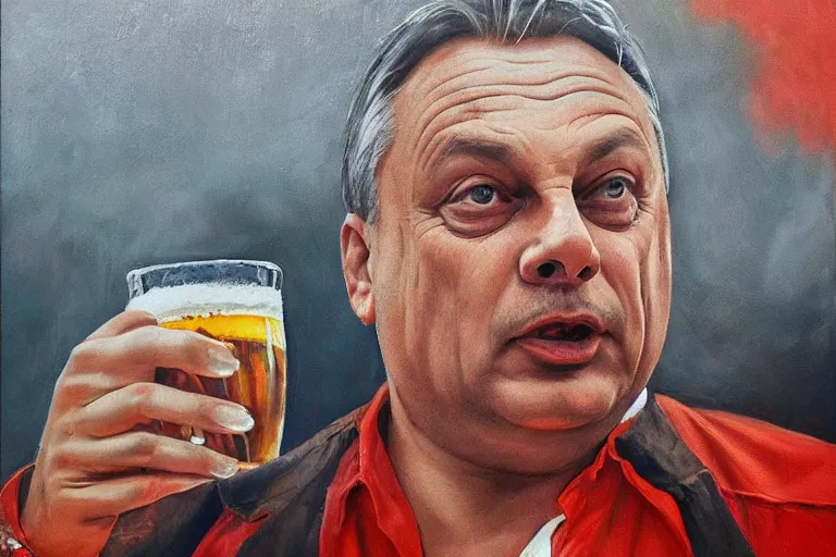 Image similar to viktor orban drinking beer and cheering at the apocalyse, highly detailed eyes, oil on canvas