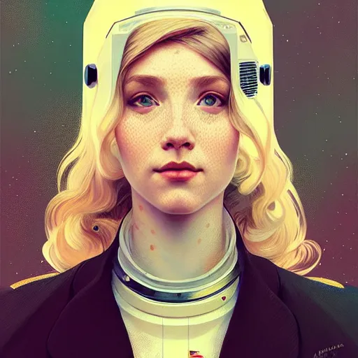 Image similar to A portrait of a blonde girl wearing a vintage sci-fi astronaut helmet, face, intricate, elegant, highly detailed, digital painting, artstation, concept art, smooth, sharp focus, illustration, art by Krenz Cushart and Artem Demura and alphonse mucha