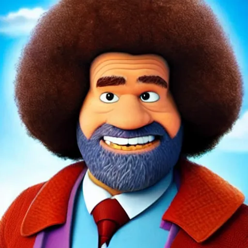 Image similar to A portrait of bob ross in the style of pixar’s movie Up (2009)