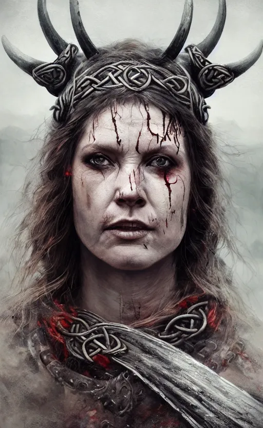 Prompt: Official photo of a majestic fierce viking woman, leader, fear, scarred, hyperrealism, highly detailed, viking attire, cinematic, 8k, 1080s, by Stanley Artgermm, Tom Bagshaw, Greg Rutkowski, Vincent di Fate, Carne Griffiths, Ayami Kojima, trending on DeviantArt, hyper detailed, full of color, digital art
