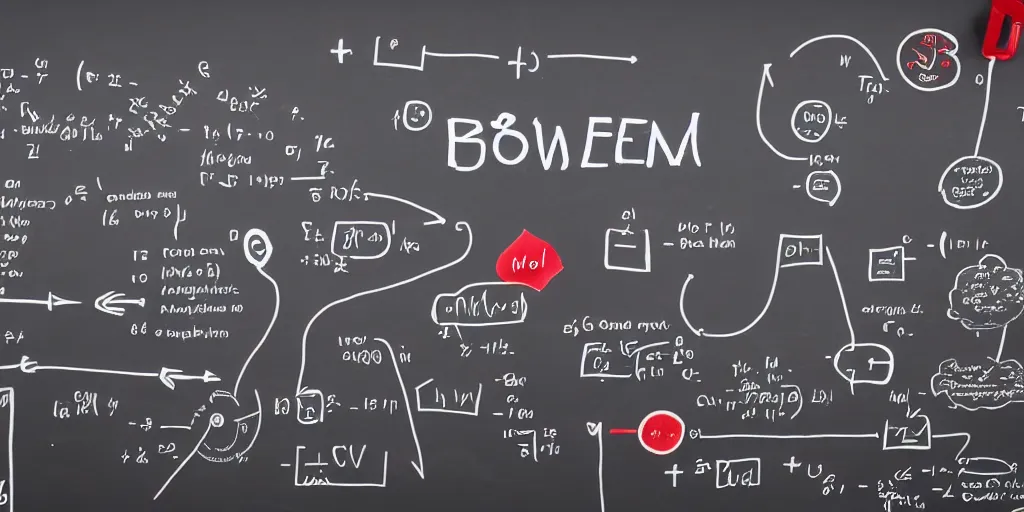 Prompt: equations and formulas about how to build a website, ui, graphics, flowchart, 3 d, white and red on a giant black board