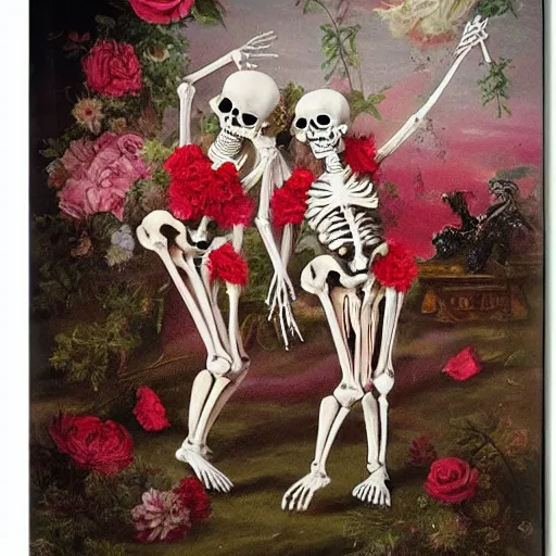 Prompt: two female skeletons dancing on stage while it rains flowers everywhere, red and white flowers, Baroque