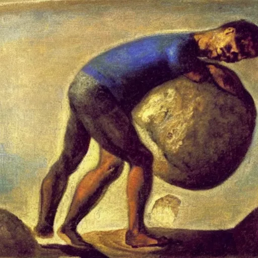 Image similar to a painting of benjamin netanyahu as sisyphus, carrying boulder, by franz stuck