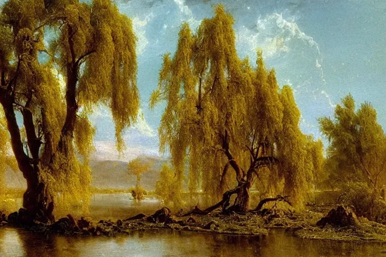 Image similar to oil painting of a detailed willow tree next to a raging river on a sunny day by albert bierstadt