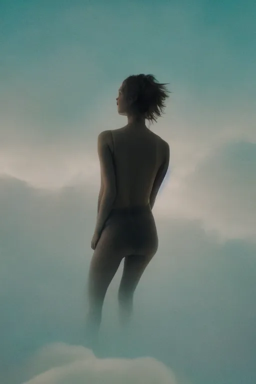 Image similar to high quality pastel coloured film close up wide angle photograph of a model wearing clothing swimming on cloud furniture in a icelandic black rock!! environment in a partially haze filled dreamstate world. three point light, rainbow. photographic production. art directed. pastel colours. volumetric clouds. pastel gradient overlay. waves glitch artefacts. extreme facial clarity. 8 k. filmic.