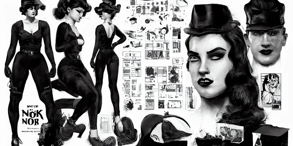 Image similar to noir girl 4 0 s film, character sheet, concept design, contrast, milo manara, frank miller, hot toys, kim jung gi, greg rutkowski, zabrocki, karlkka, jayison devadas, trending on artstation, 8 k, ultra wide angle, pincushion lens effect