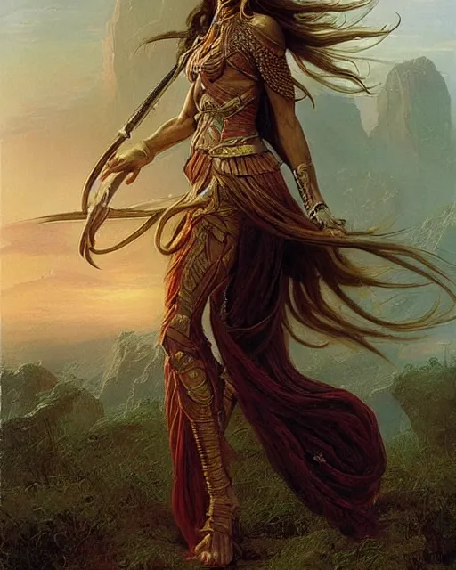 Image similar to beautiful female warrior, long flowing hair, standing in a fantasy environment, realistic oil painting by Thomas Cole and Wayne Barlowe