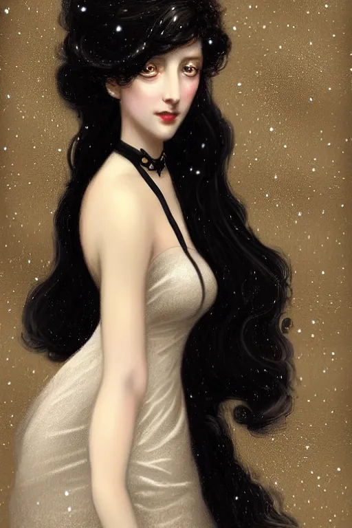 Image similar to Nocturne, glowing, stars, a long-legged elegant sultry woman, long black hair with white tips, pearl choker, highly detailed, mysterious, ethereal, dressed in black velvet, haute couture, illustration, dramatic lighting, soft details, painting, by Edmund Blair Leighton, Brom, Charlie Bowater, trending on artstation, faces by otto schmidt