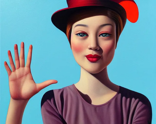 Image similar to a painting of a person waving hello, an ultrafine detailed painting by rafal olbinski, behance contest winner, pop surrealism, detailed painting, very detailed, minimalist, skeuomorphic, airbrush art