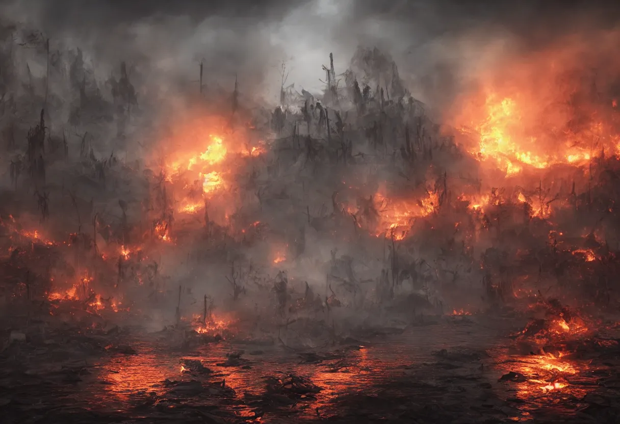 Prompt: faces of death in burning blood river, ominous apocalyptic background, hyperrealism, realistic, dramatic lighting, octane render, highly detailed, cinematic lighting, cinematic, art by wes benscoter