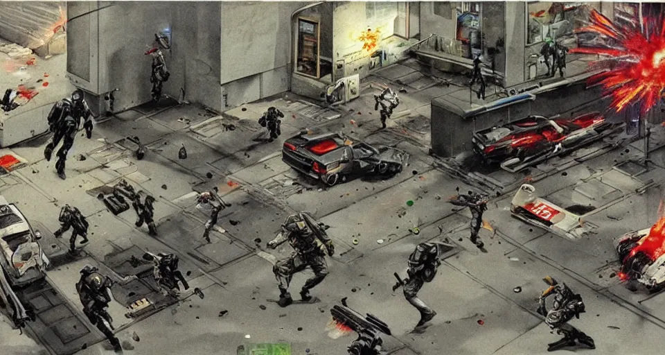 Prompt: 1987 Video Game Concept Art for Neo-tokyo Cyborg bank robbers vs police, Set inside of Office, Multiplayer set-piece Ambush, Tactical Squads :10, Police officers under heavy fire, Suppressive fire, Pinned down, Destructible Environments, Gunshots, Headshot, Bullet Holes and Anime Blood Splatter, :10 Gas Grenades, Riot Shields, MP5, AK45, MP7, P90, Chaos, Anime Machine Gun Fire, Gunplay, Shootout, :14 FLCL + Akira, Cel-Shaded:15, Created by Katsuhiro Otomo + Studio Gainax + Trending on Artstation: 20