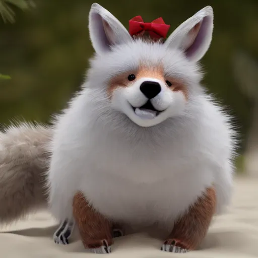 Image similar to a photorealistic adorable chubby charming but vicious fennic fox wolf rabbit hybrid, wearing bows on the top of its head, grinning at the camera with a mischievous look, sharp teeth, happy lighting, at a tropical beach