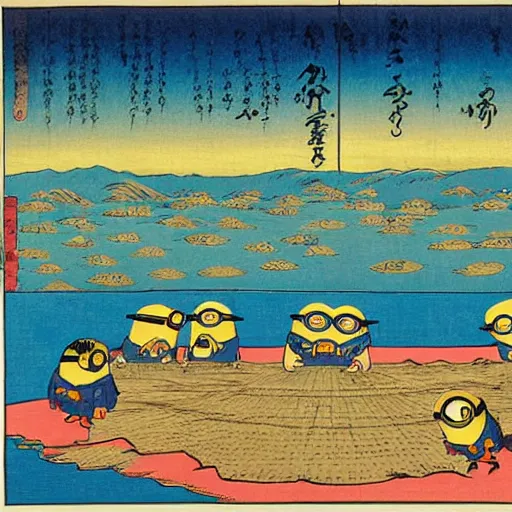 Prompt: minions eating large pieces of matzah, colorful background, in the style of Utagawa Hiroshige