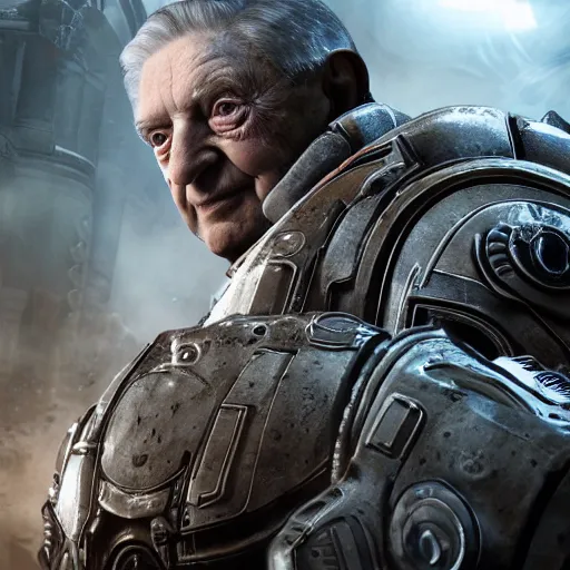 Image similar to george soros in gears of war, splash art, movie still, cinematic lighting, detailed face, dramatic, octane render, long lens, shallow depth of field, bokeh, anamorphic lens flare, 8 k, hyper detailed, 3 5 mm film grain