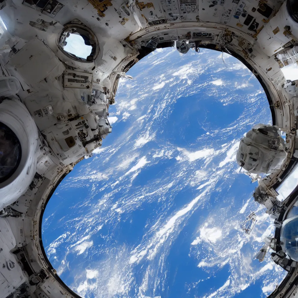Prompt: Inside the international space station looking out a cupola window to see earth looming in space. 4K.