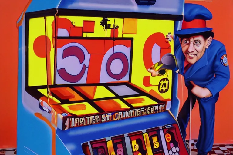 Prompt: charles cottet's 1 9 8 3 airbrush painting of inspector gadget playing ms pac man in an arcade