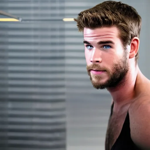 Prompt: a realistic detailed photo of a guy who is an attractive humanoid who is half robot and half humanoid, who is a male android, actor liam hemsworth, shiny skin, posing like a statue, blank stare, in a lab, on display, showing off his muscles